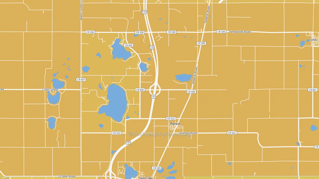 Map of the best neighborhoods in the 49339 area, with better matches in green and worse matches in red