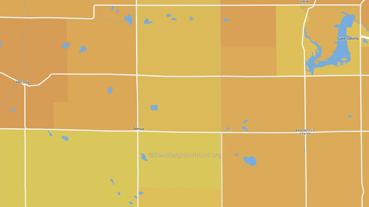 Map of the best neighborhoods in the 49340 area, with better matches in green and worse matches in red