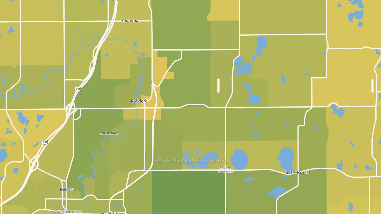 Map of the best neighborhoods in the 49341 area, with better matches in green and worse matches in red
