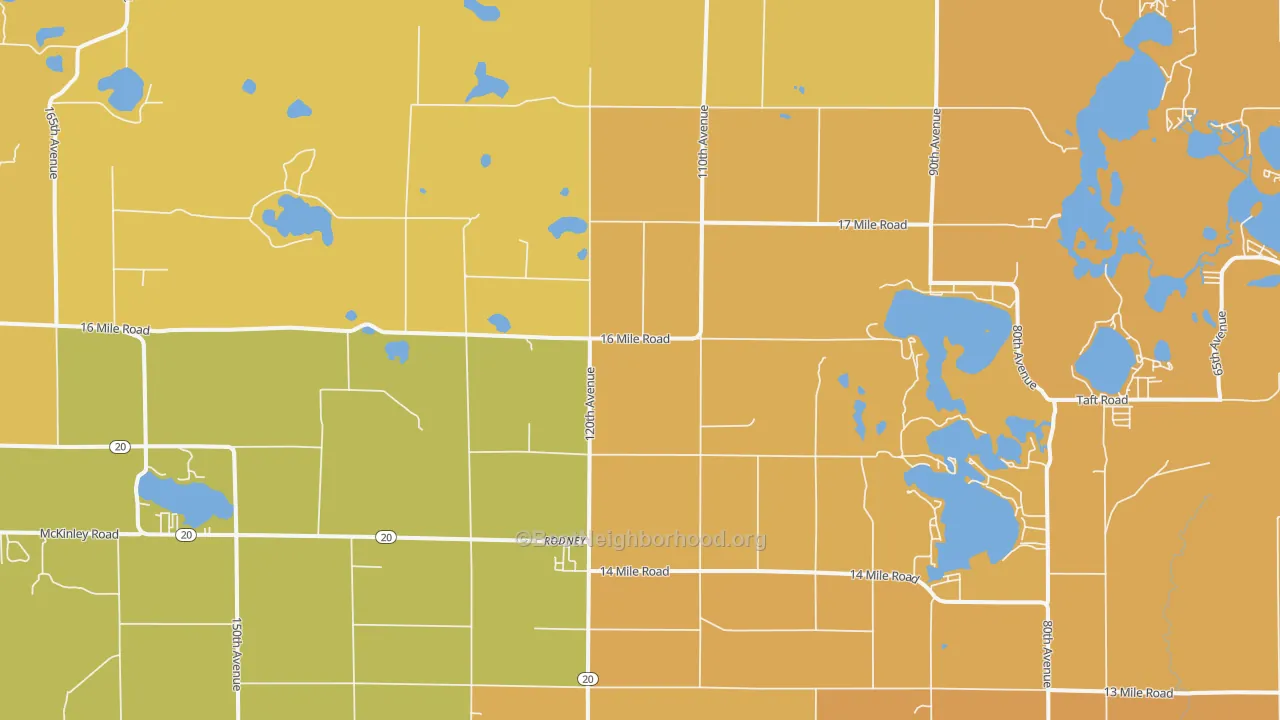 Map of the best neighborhoods in the 49342 area, with better matches in green and worse matches in red