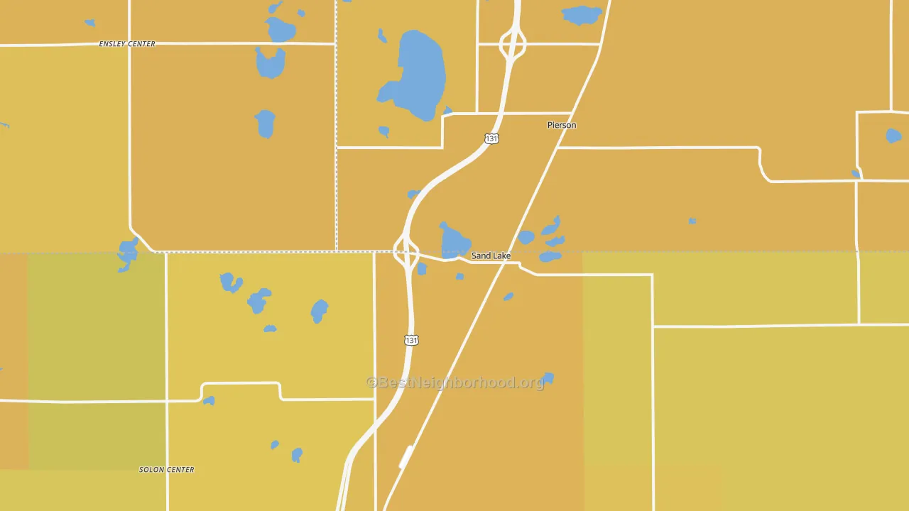 Map of the best neighborhoods in the 49343 area, with better matches in green and worse matches in red