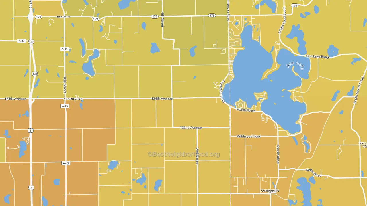 Map of the best neighborhoods in the 49344 area, with better matches in green and worse matches in red