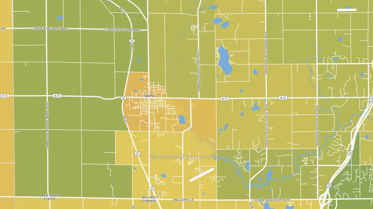 Map of the best neighborhoods in the 49345 area, with better matches in green and worse matches in red