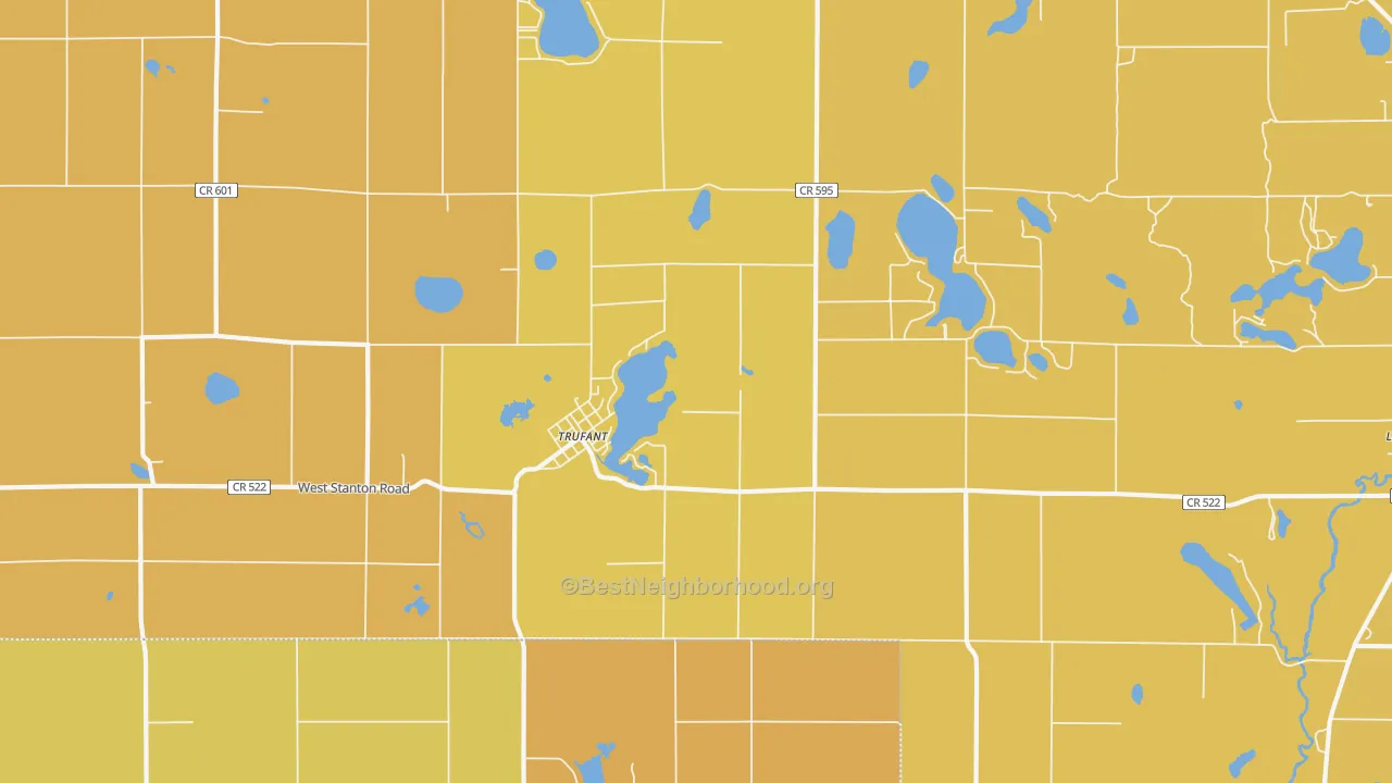 Map of the best neighborhoods in the 49347 area, with better matches in green and worse matches in red