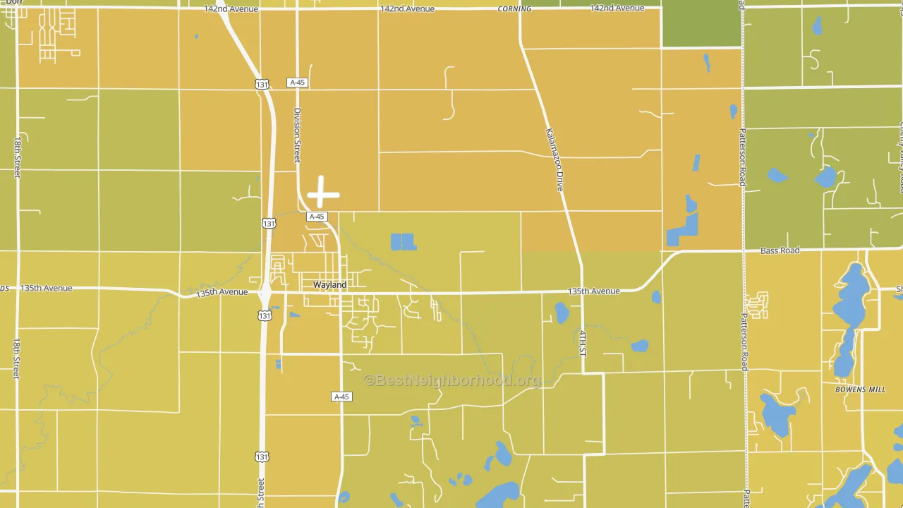 Map of the best neighborhoods in the 49348 area, with better matches in green and worse matches in red