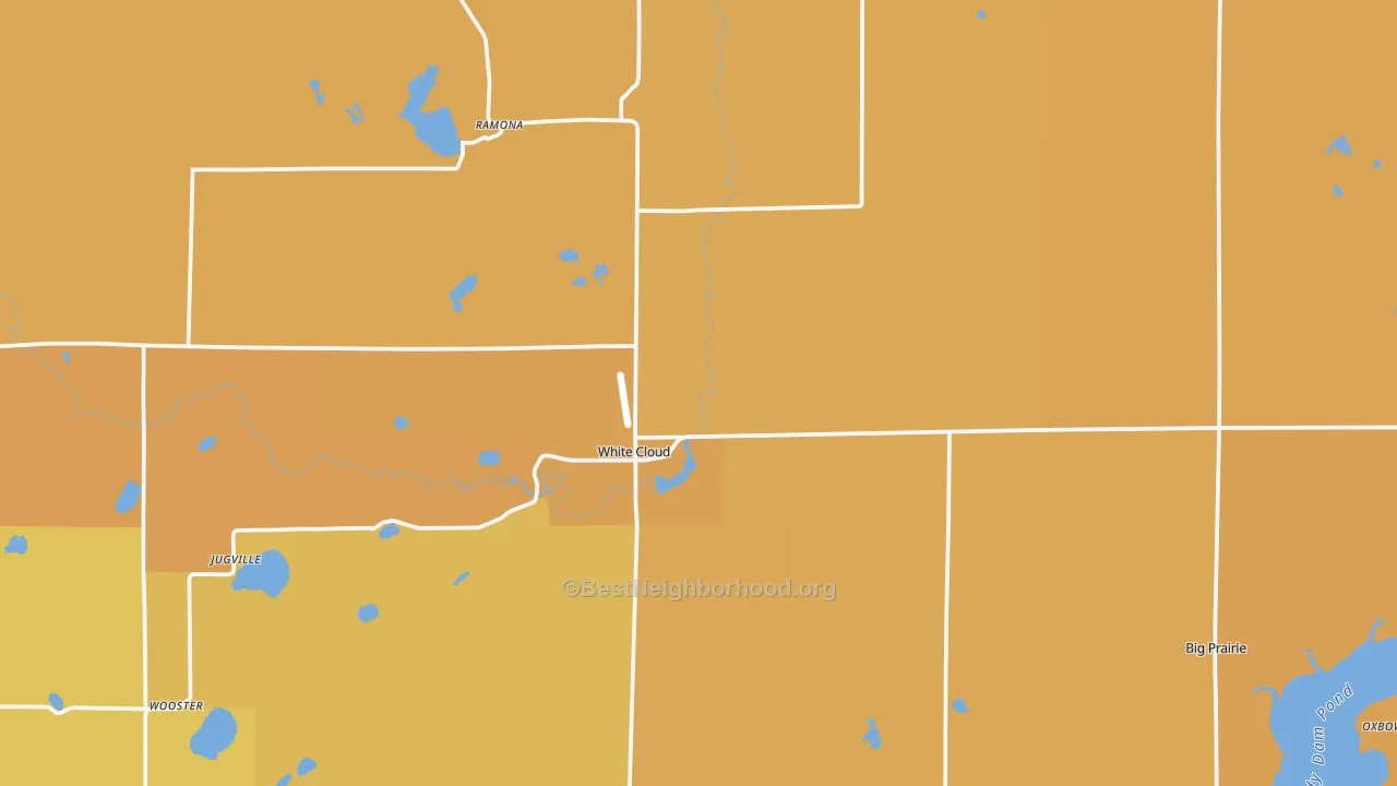 Map of the best neighborhoods in the 49349 area, with better matches in green and worse matches in red