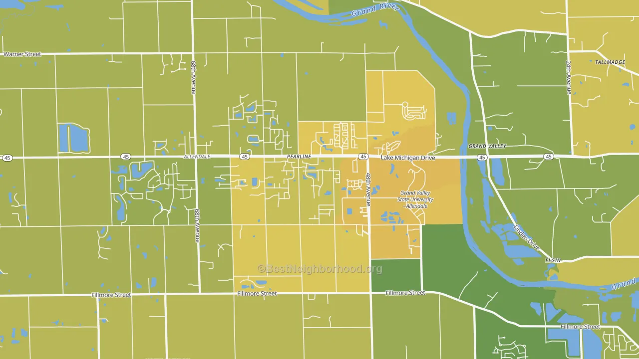 Map of the best neighborhoods in the 49401 area, with better matches in green and worse matches in red