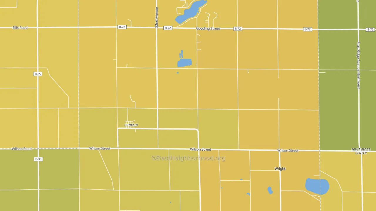Map of the best neighborhoods in the 49403 area, with better matches in green and worse matches in red