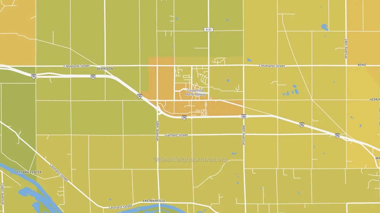 Map of the best neighborhoods in the 49404 area, with better matches in green and worse matches in red