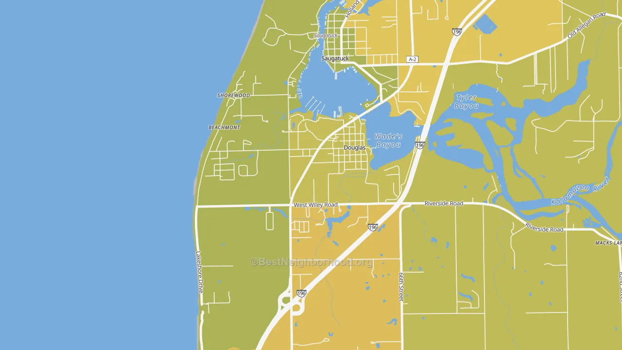 Map of the best neighborhoods in the 49406 area, with better matches in green and worse matches in red