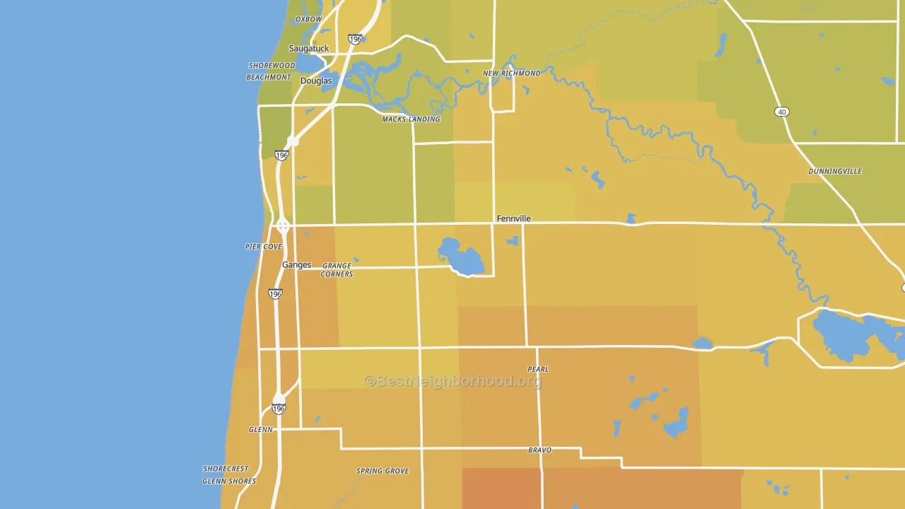 Map of the best neighborhoods in the 49408 area, with better matches in green and worse matches in red