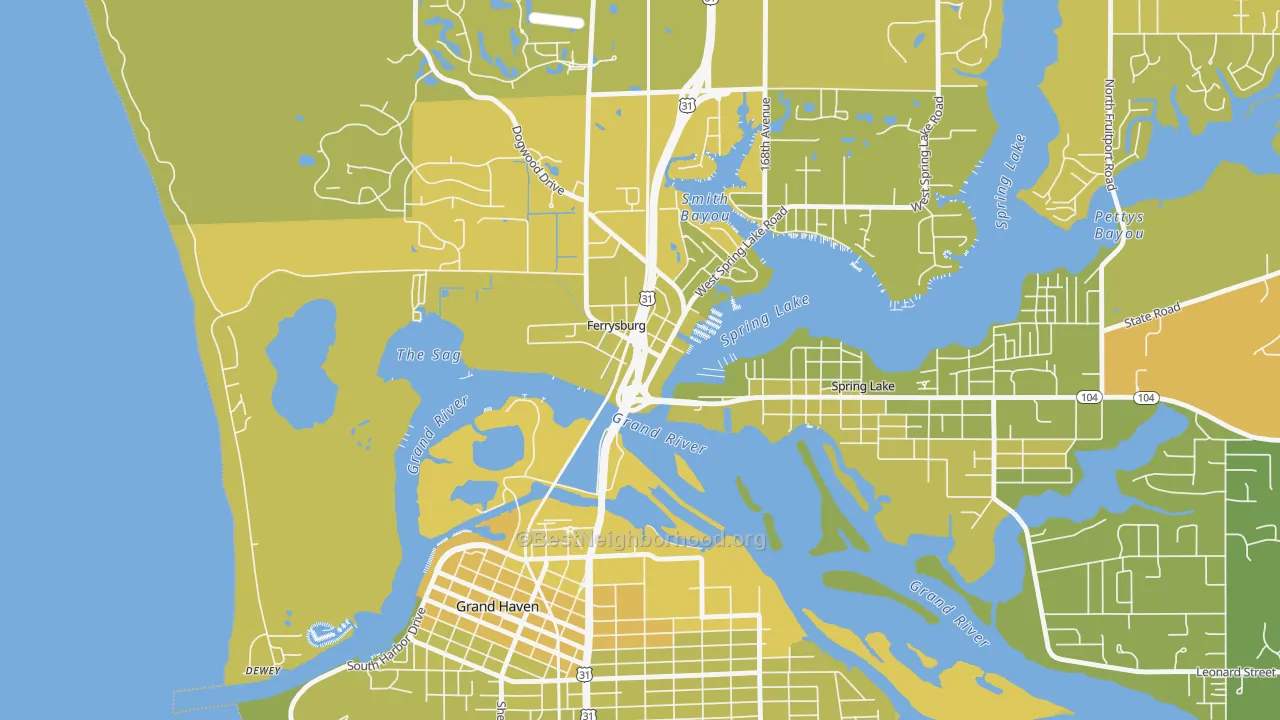 Map of the best neighborhoods in the 49409 area, with better matches in green and worse matches in red