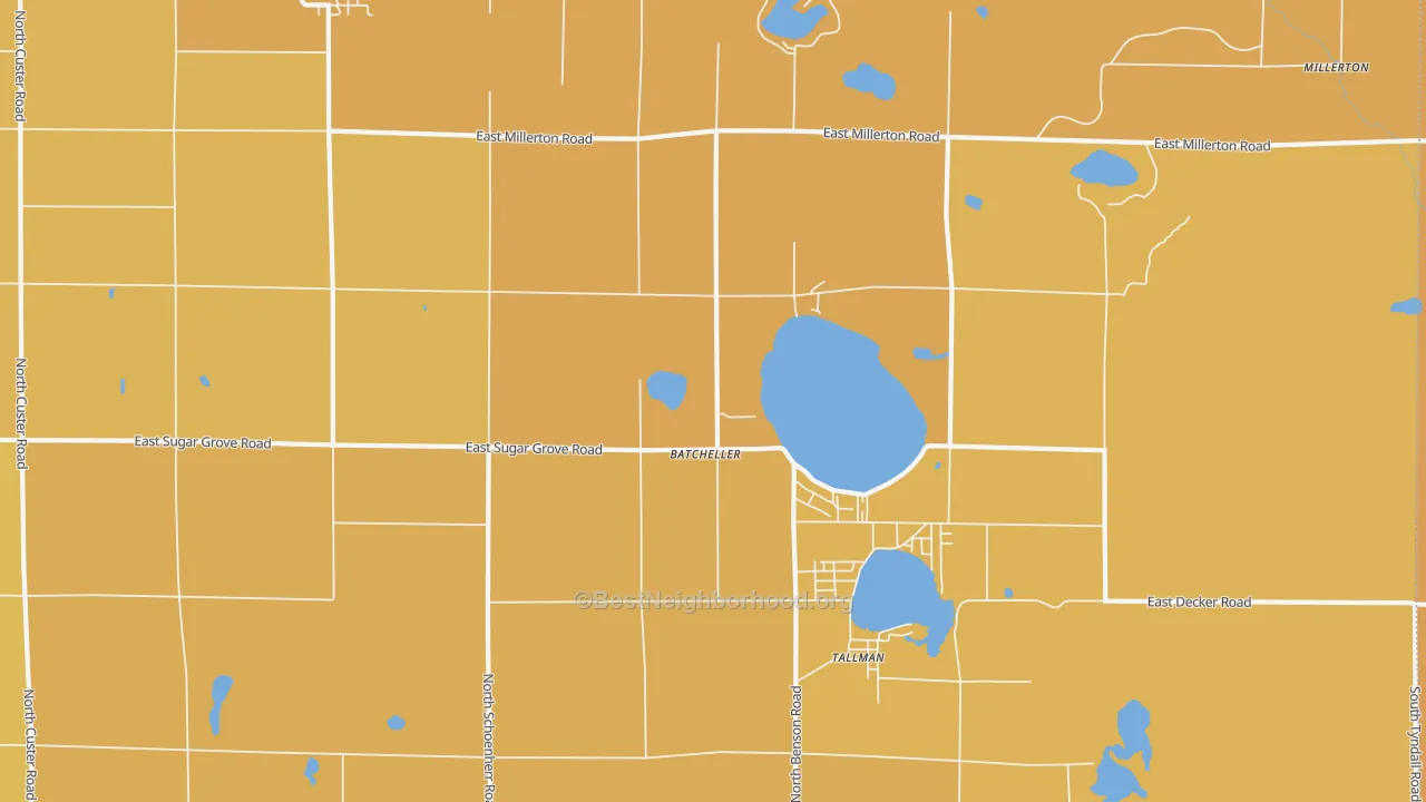 Map of the best neighborhoods in the 49410 area, with better matches in green and worse matches in red