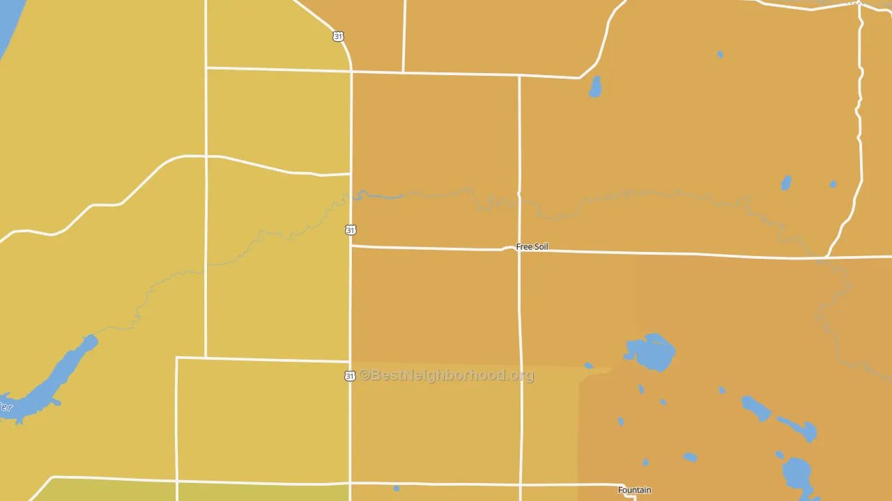 Map of the best neighborhoods in the 49411 area, with better matches in green and worse matches in red