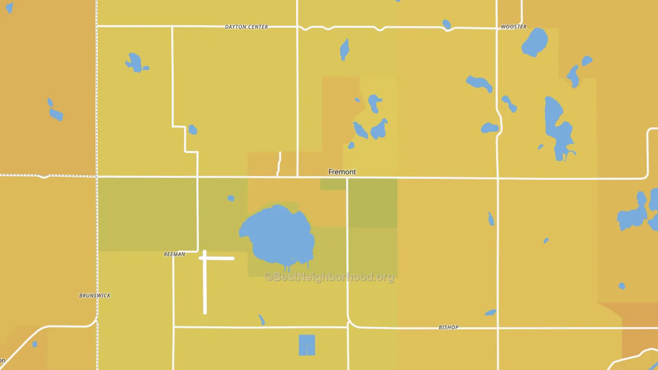 Map of the best neighborhoods in the 49412 area, with better matches in green and worse matches in red