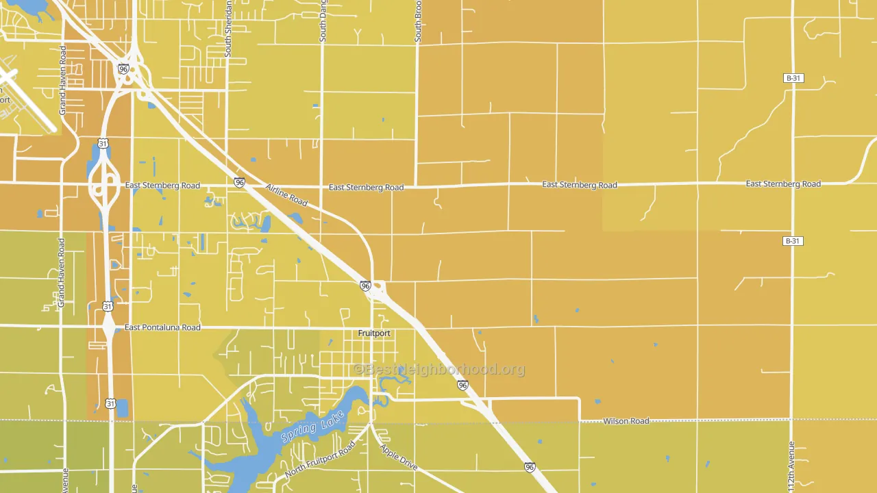 Map of the best neighborhoods in the 49415 area, with better matches in green and worse matches in red