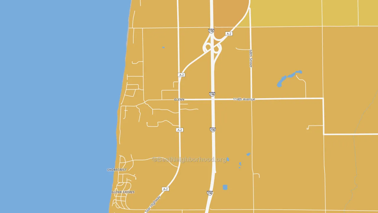 Map of the best neighborhoods in the 49416 area, with better matches in green and worse matches in red