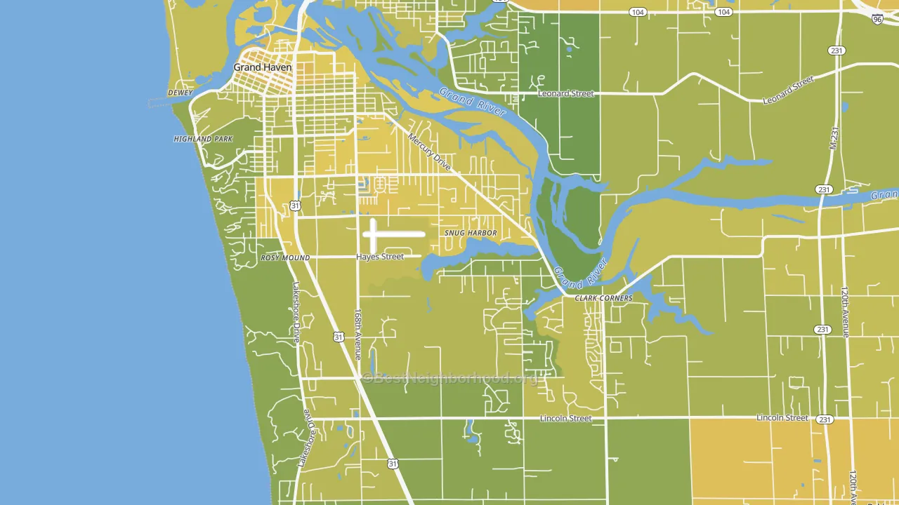 Map of the best neighborhoods in the 49417 area, with better matches in green and worse matches in red