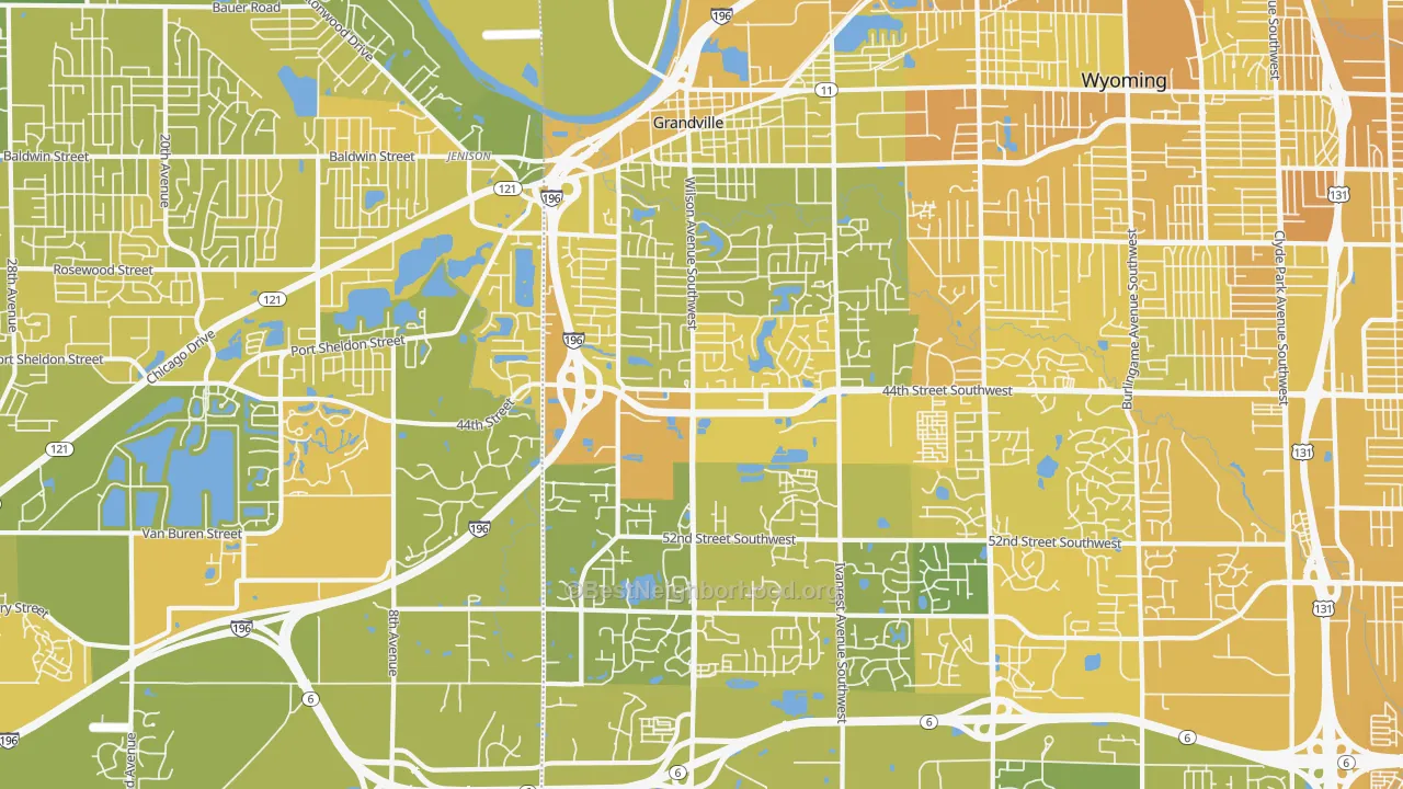 Map of the best neighborhoods in the 49418 area, with better matches in green and worse matches in red