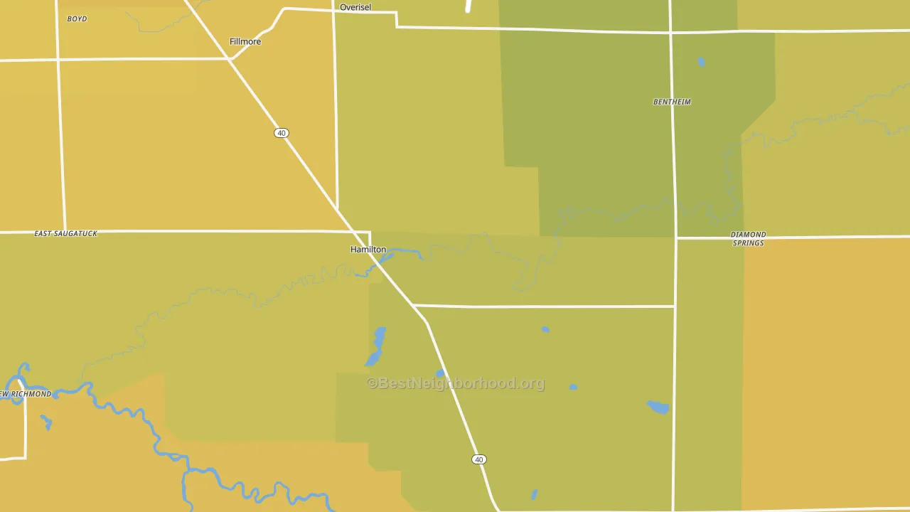 Map of the best neighborhoods in the 49419 area, with better matches in green and worse matches in red