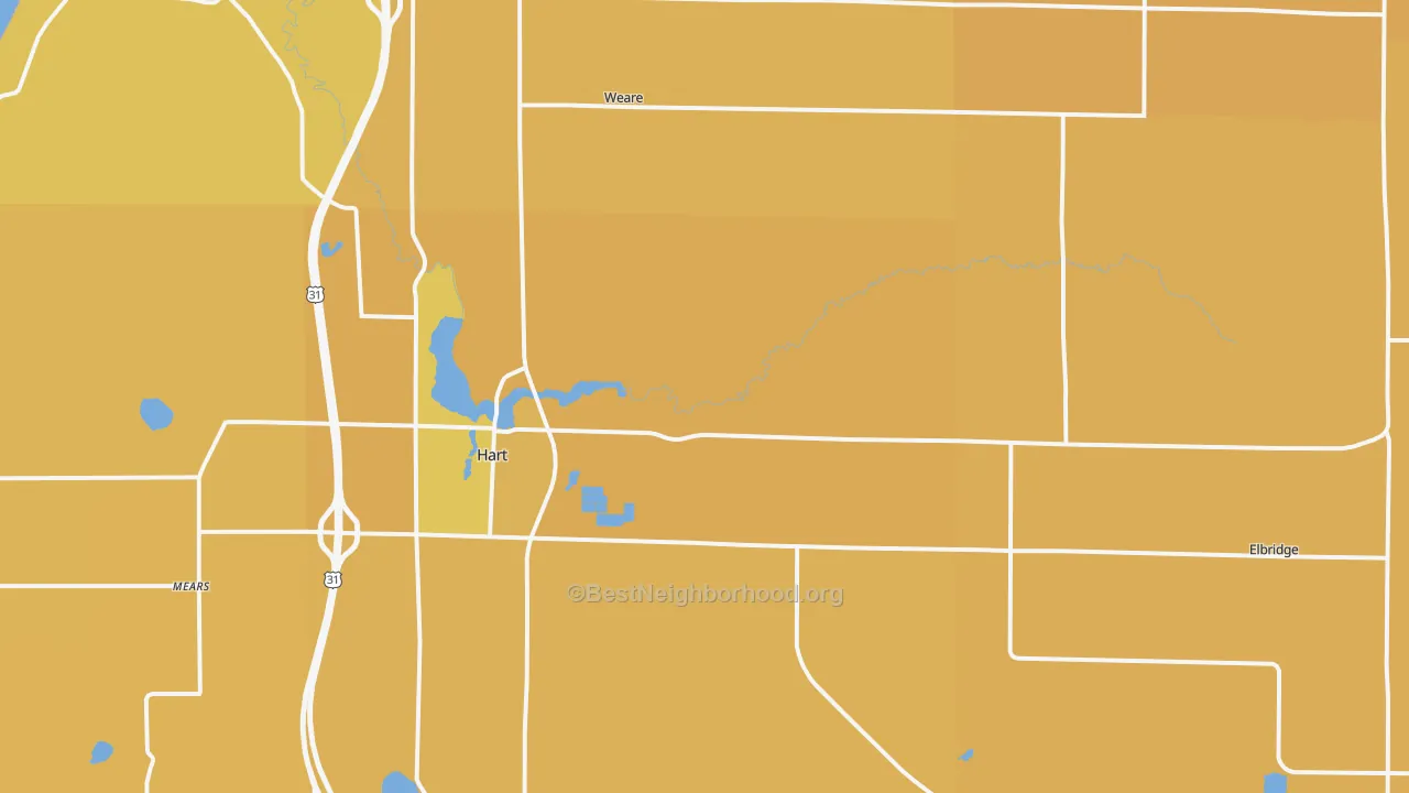 Map of the best neighborhoods in the 49420 area, with better matches in green and worse matches in red
