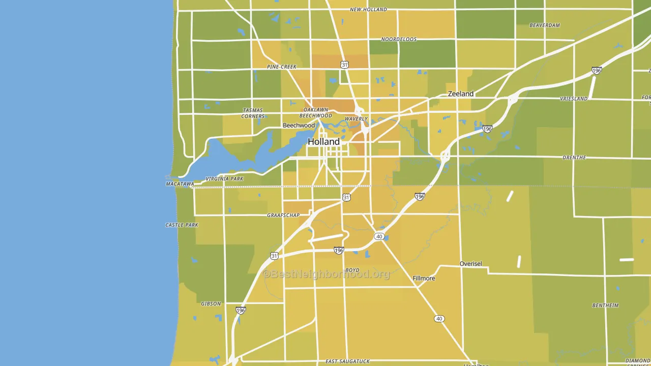 Map of the best neighborhoods in the 49423 area, with better matches in green and worse matches in red