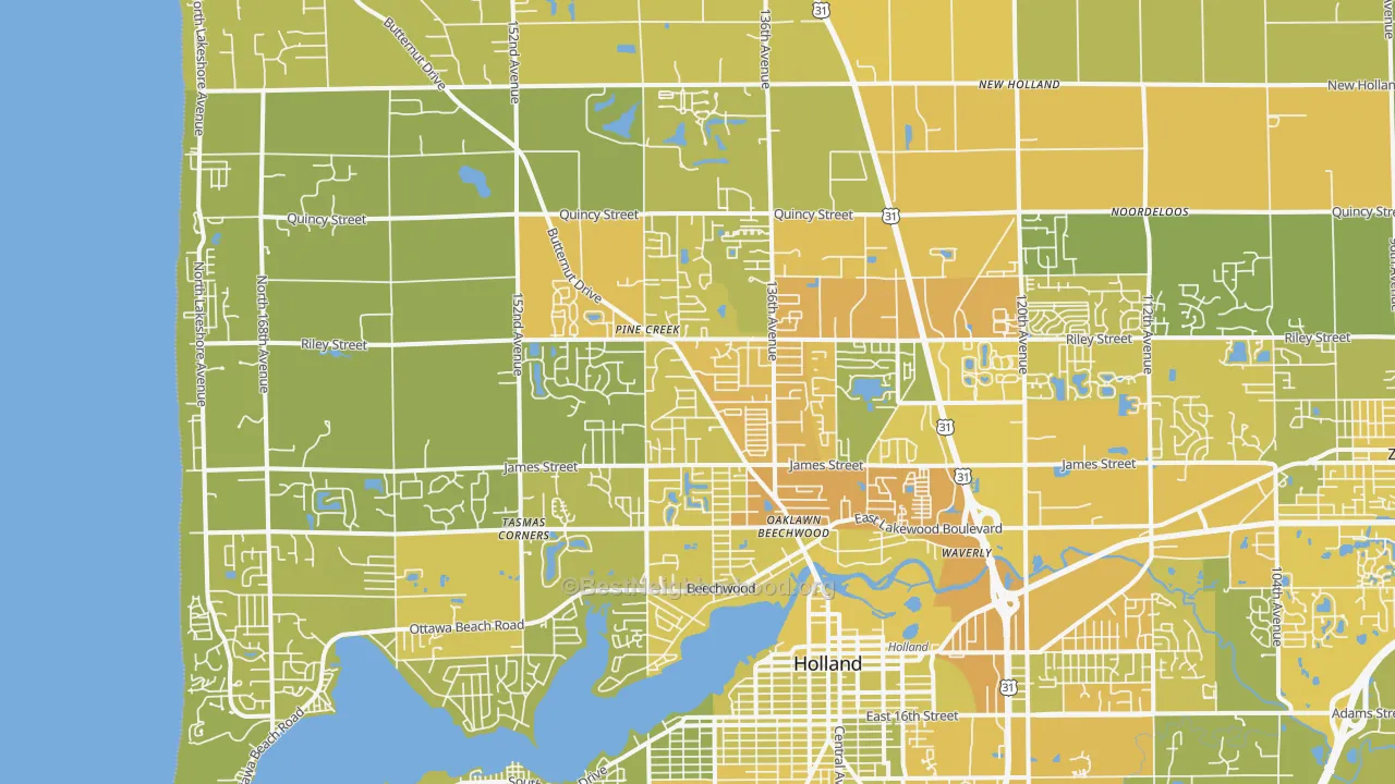 Map of the best neighborhoods in the 49424 area, with better matches in green and worse matches in red