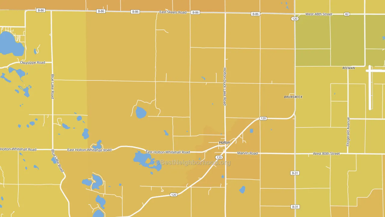 Map of the best neighborhoods in the 49425 area, with better matches in green and worse matches in red