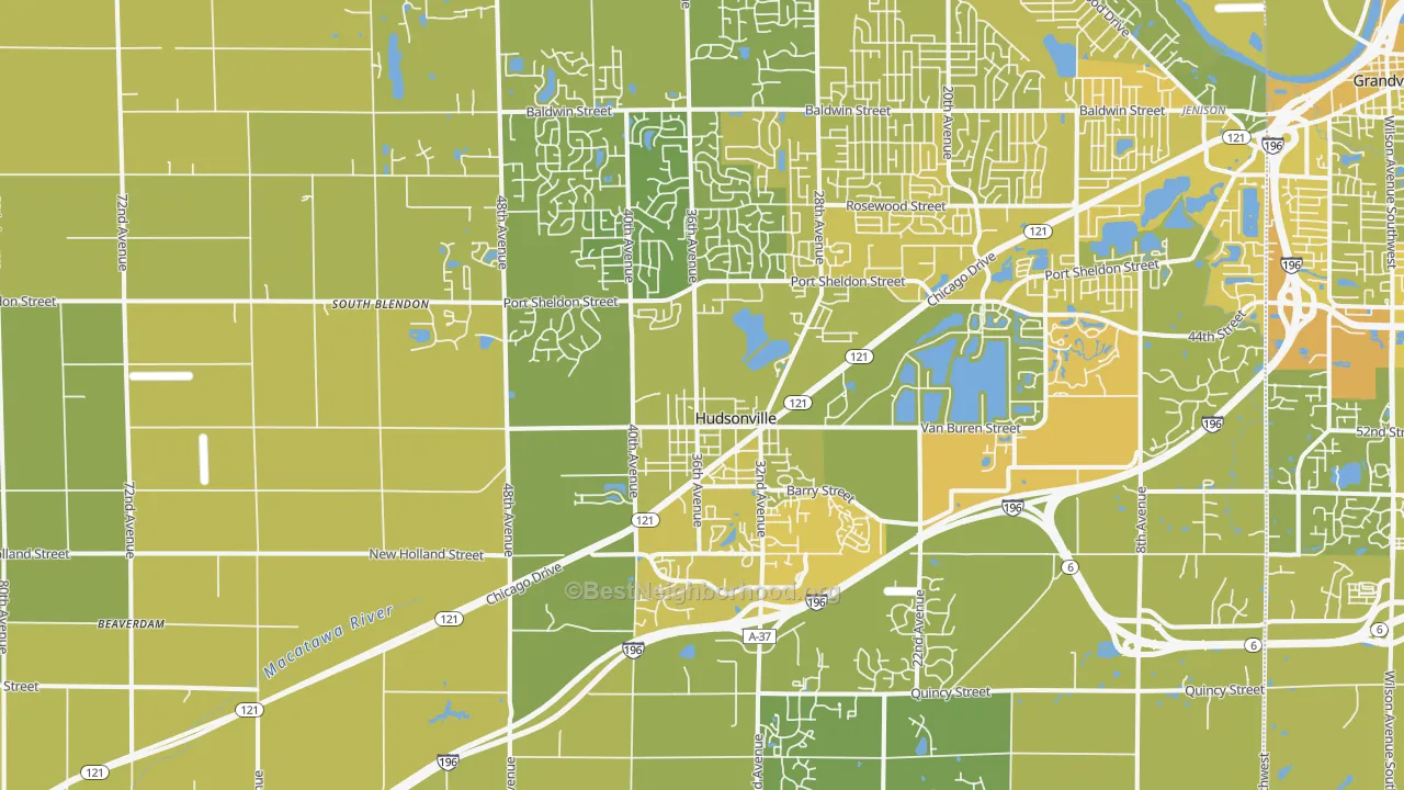 Map of the best neighborhoods in the 49426 area, with better matches in green and worse matches in red