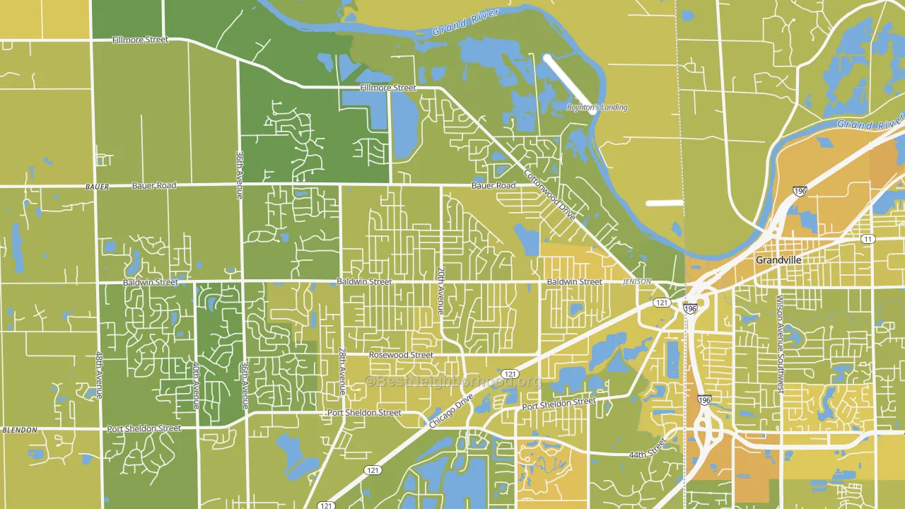 Map of the best neighborhoods in the 49428 area, with better matches in green and worse matches in red