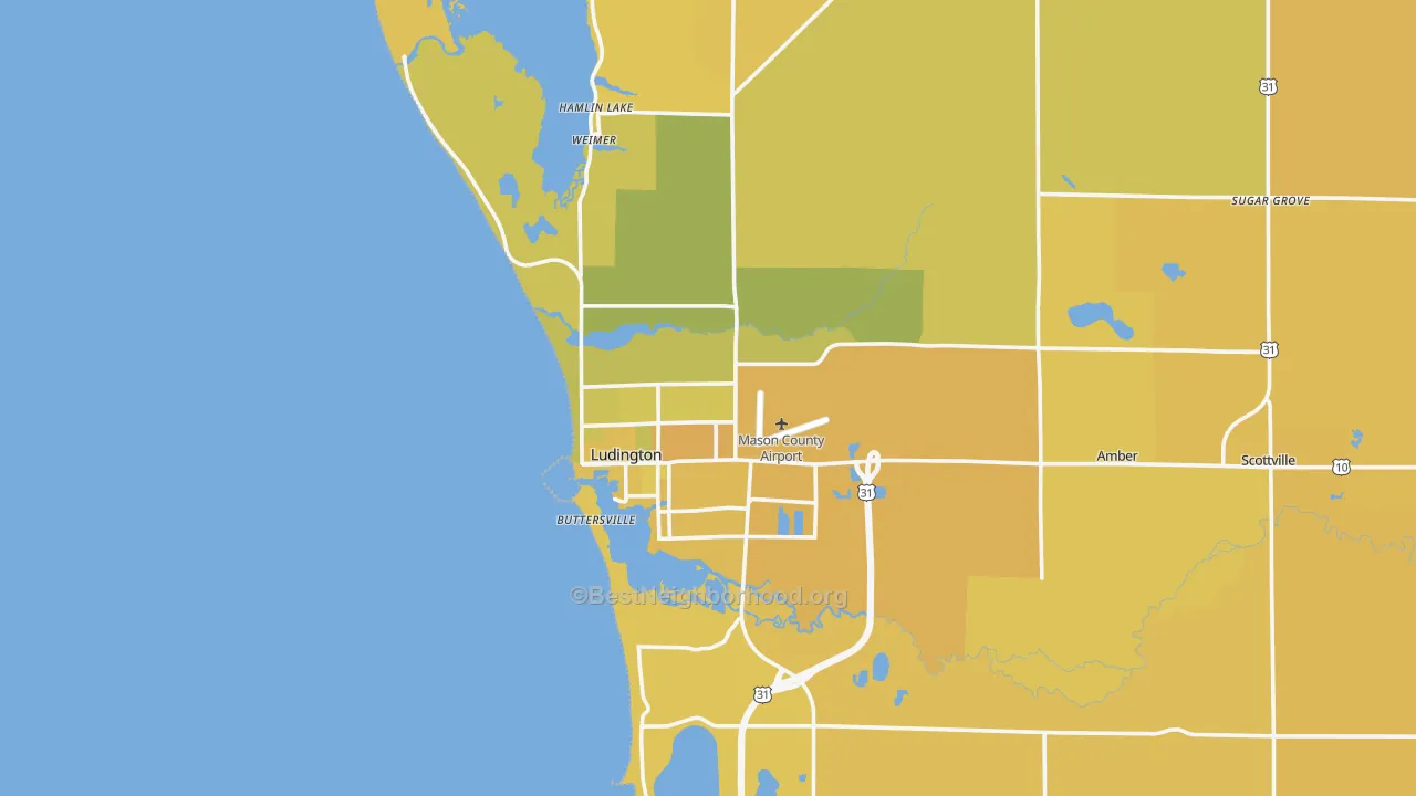 Map of the best neighborhoods in the 49431 area, with better matches in green and worse matches in red