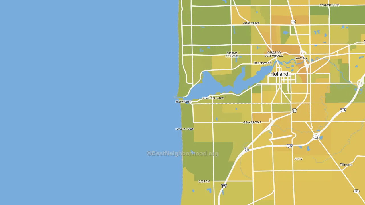 Map of the best neighborhoods in the 49434 area, with better matches in green and worse matches in red