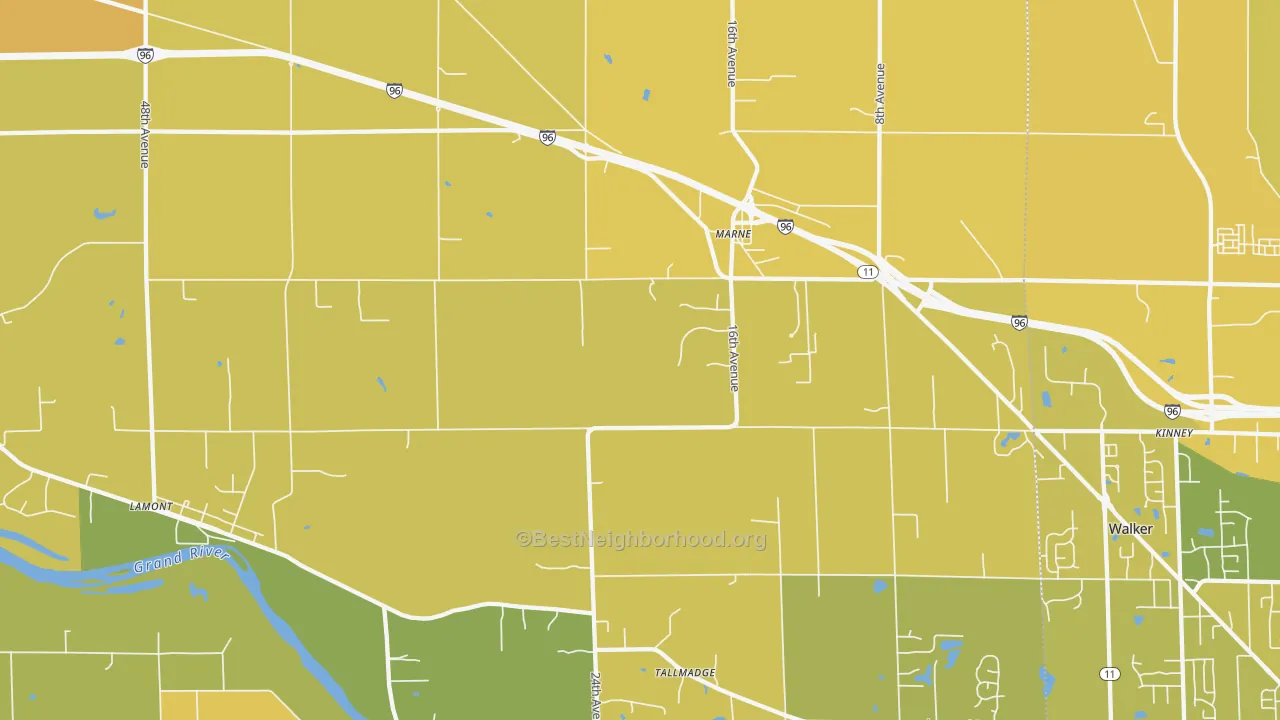 Map of the best neighborhoods in the 49435 area, with better matches in green and worse matches in red