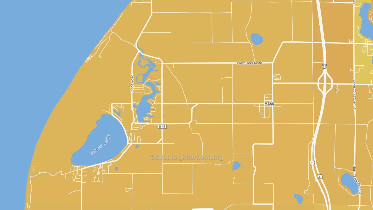 Map of the best neighborhoods in the 49436 area, with better matches in green and worse matches in red