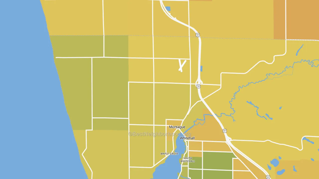 Map of the best neighborhoods in the 49437 area, with better matches in green and worse matches in red