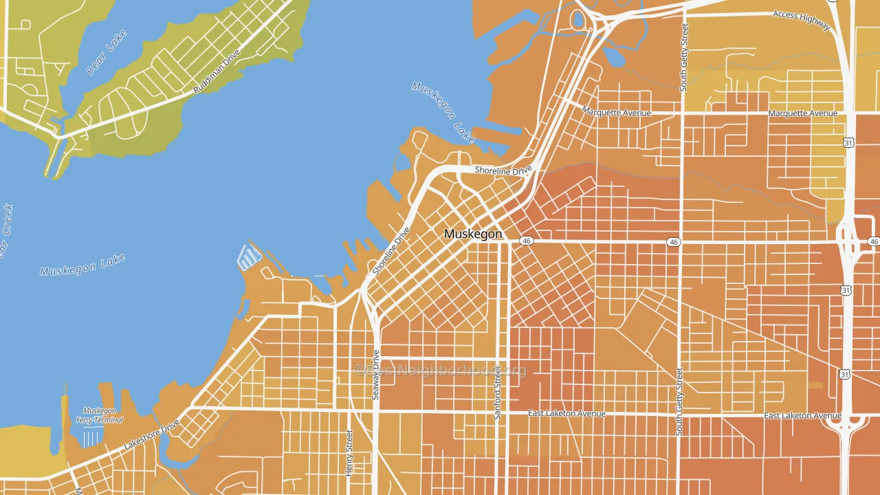 Map of the best neighborhoods in the 49440 area, with better matches in green and worse matches in red