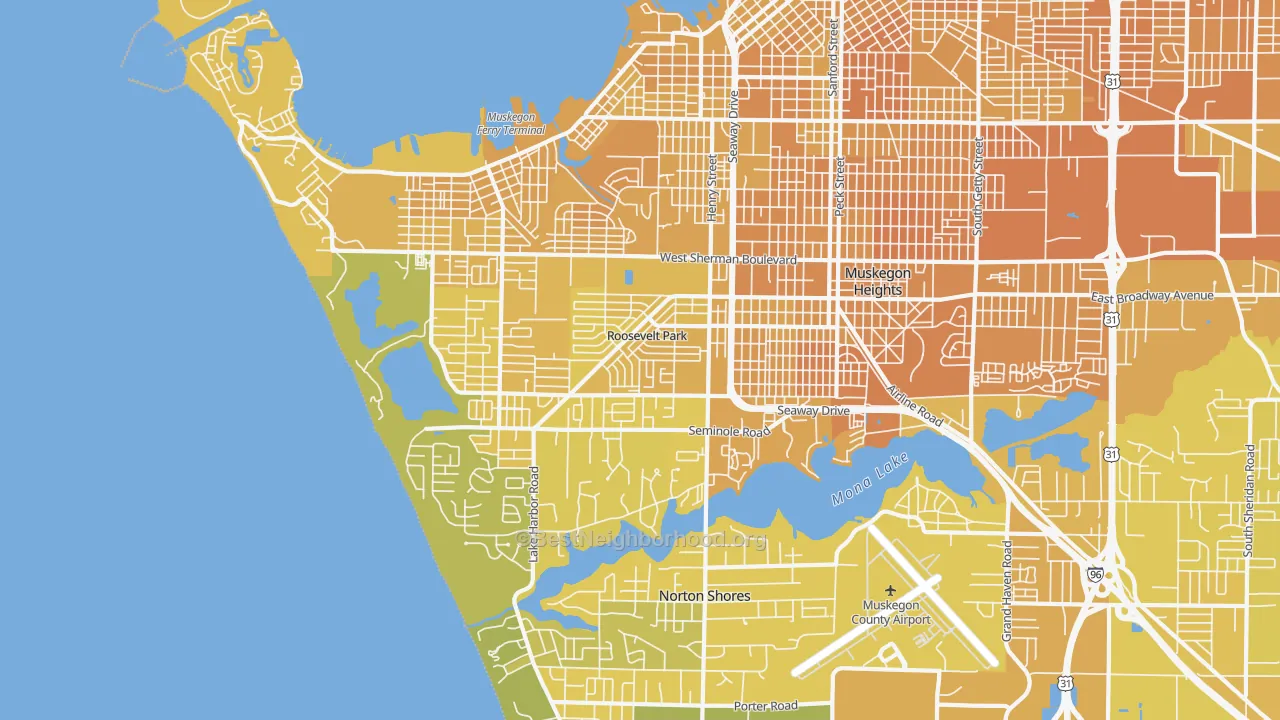 Map of the best neighborhoods in the 49441 area, with better matches in green and worse matches in red