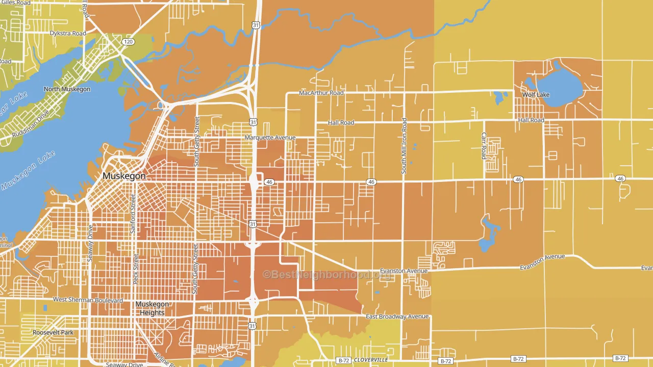 Map of the best neighborhoods in the 49442 area, with better matches in green and worse matches in red