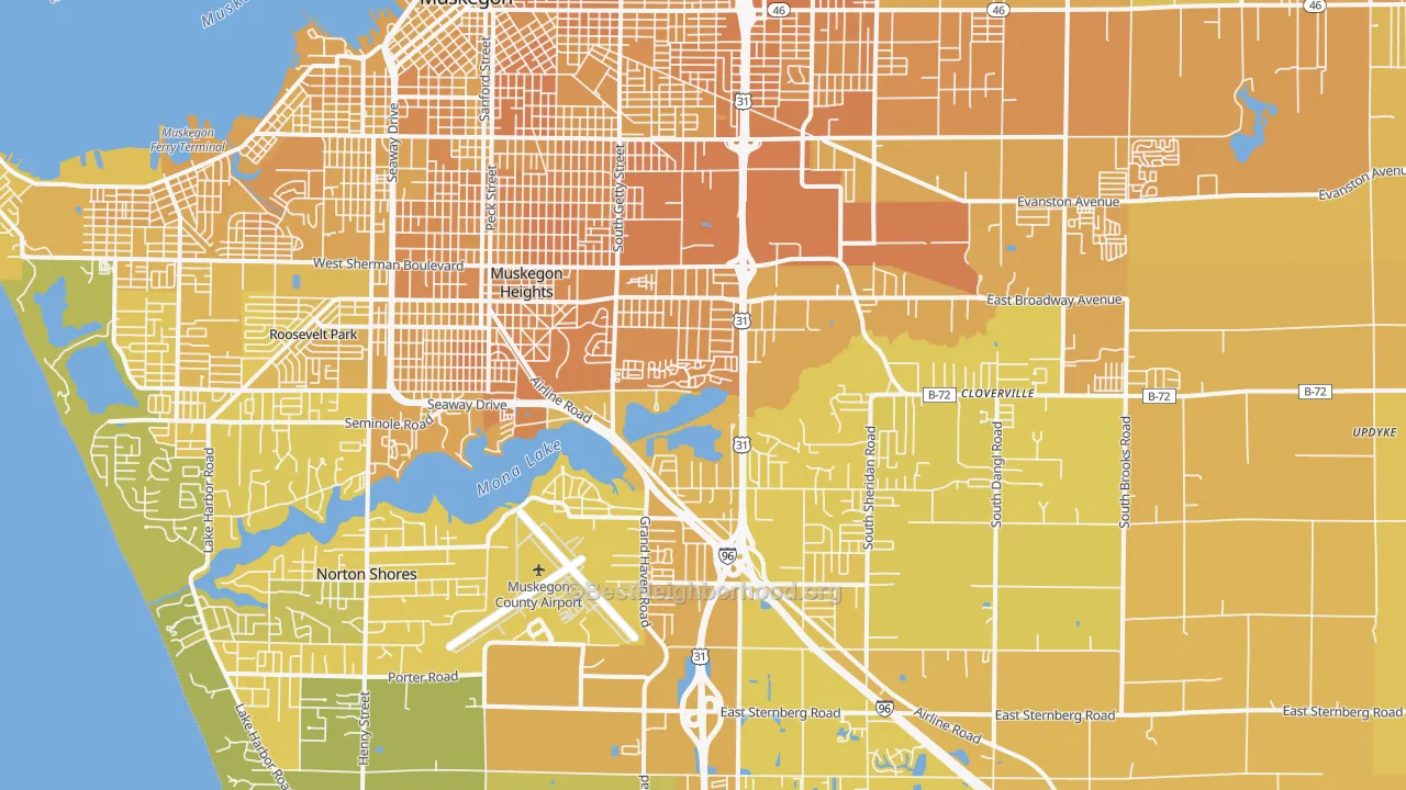 Map of the best neighborhoods in the 49444 area, with better matches in green and worse matches in red