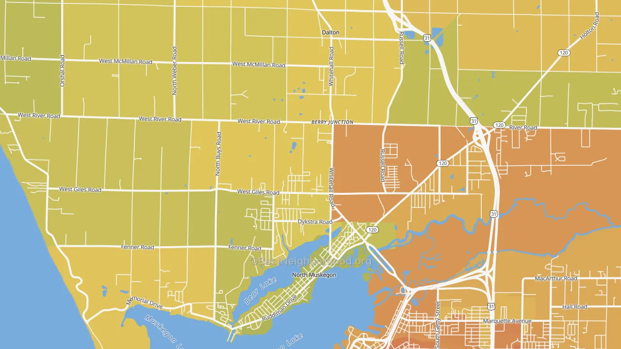 Map of the best neighborhoods in the 49445 area, with better matches in green and worse matches in red