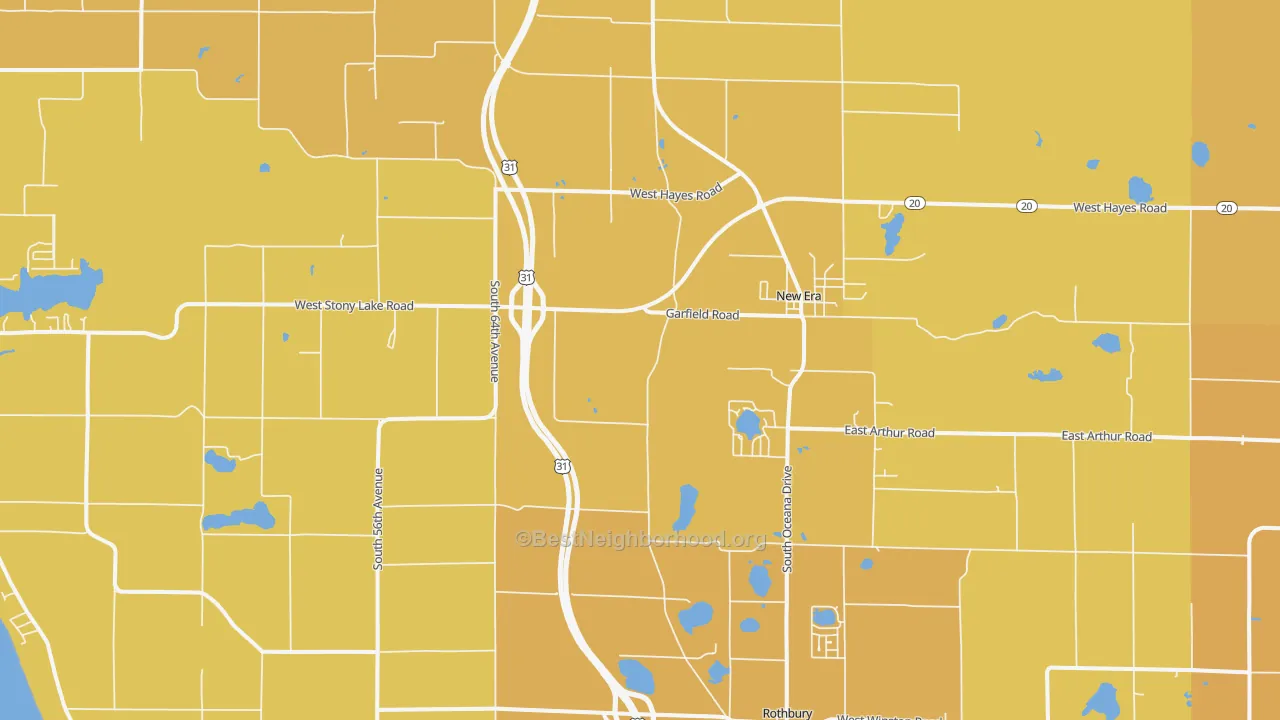 Map of the best neighborhoods in the 49446 area, with better matches in green and worse matches in red