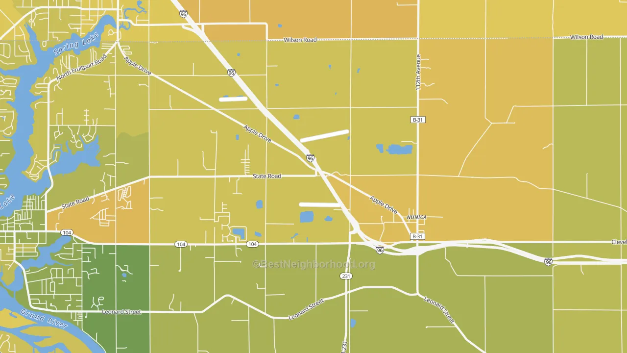 Map of the best neighborhoods in the 49448 area, with better matches in green and worse matches in red