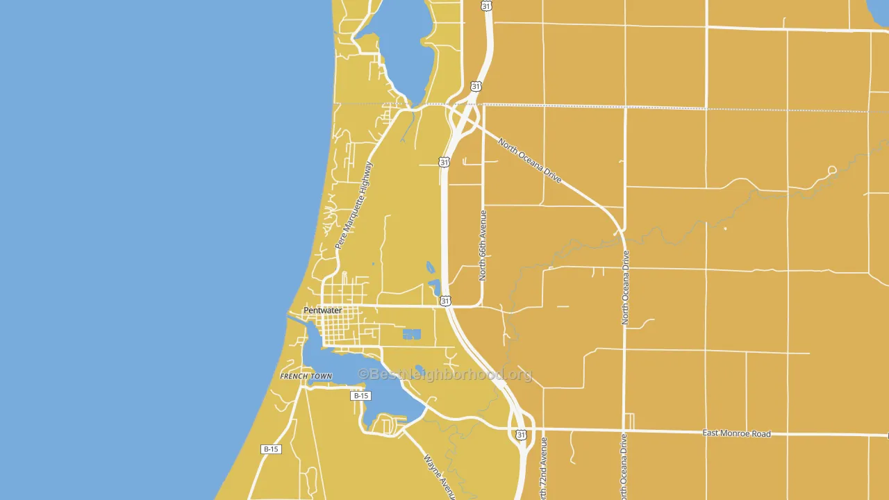 Map of the best neighborhoods in the 49449 area, with better matches in green and worse matches in red