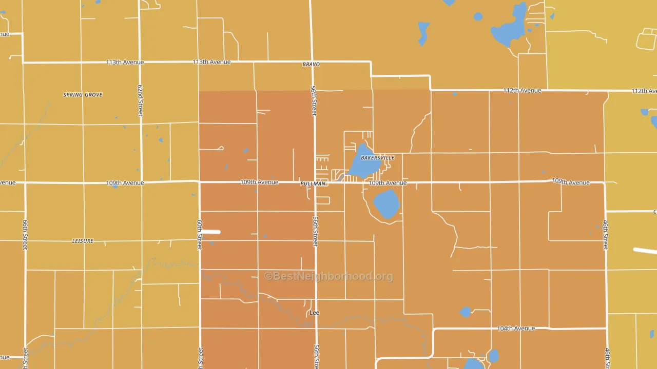 Map of the best neighborhoods in the 49450 area, with better matches in green and worse matches in red