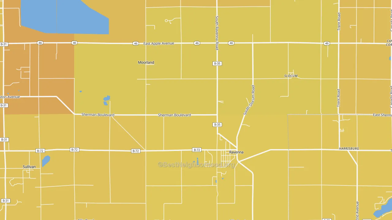 Map of the best neighborhoods in the 49451 area, with better matches in green and worse matches in red