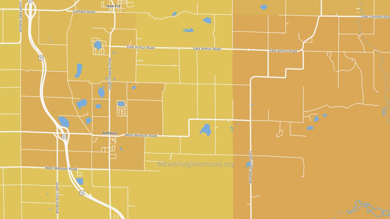 Map of the best neighborhoods in the 49452 area, with better matches in green and worse matches in red