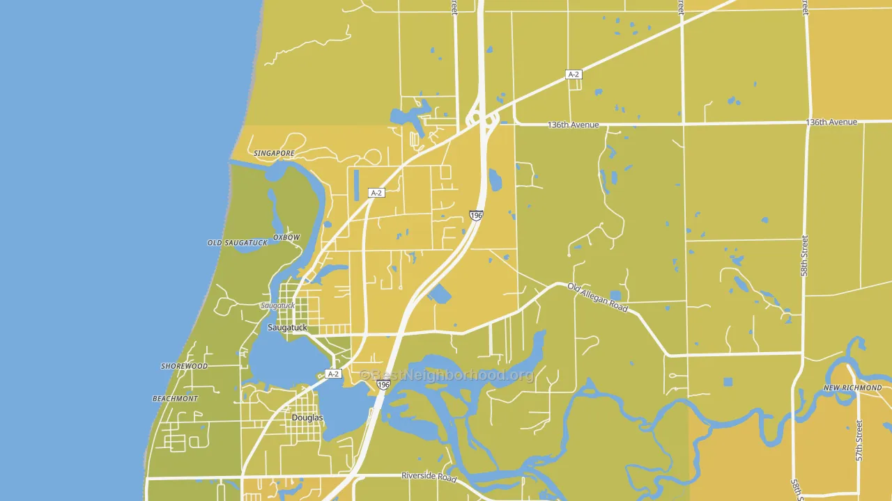 Map of the best neighborhoods in the 49453 area, with better matches in green and worse matches in red