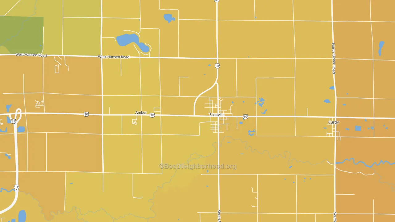 Map of the best neighborhoods in the 49454 area, with better matches in green and worse matches in red