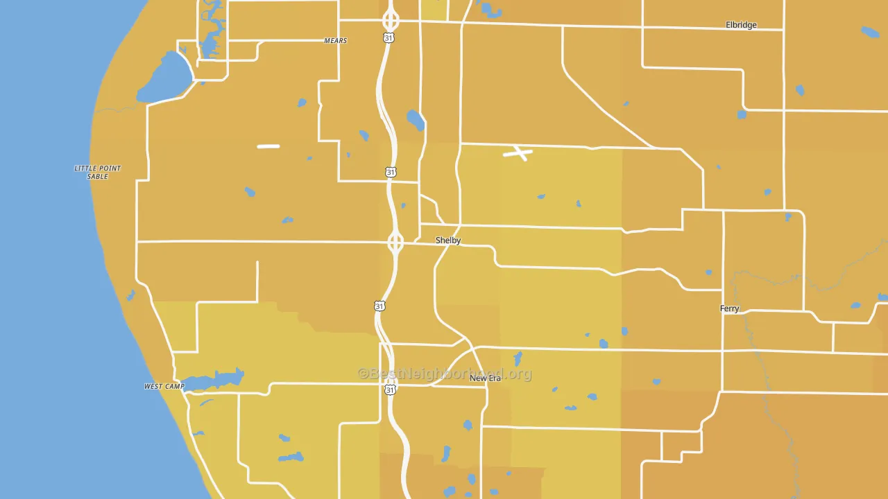 Map of the best neighborhoods in the 49455 area, with better matches in green and worse matches in red