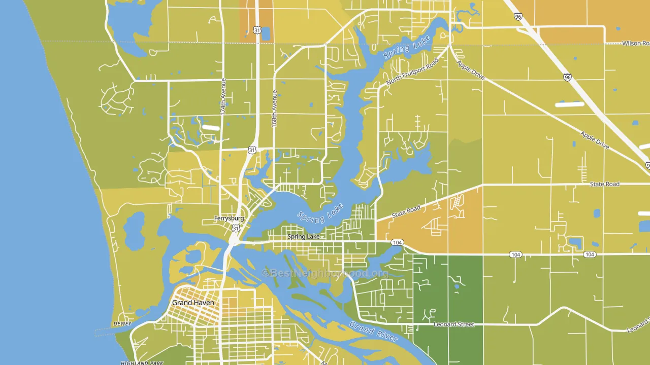 Map of the best neighborhoods in the 49456 area, with better matches in green and worse matches in red